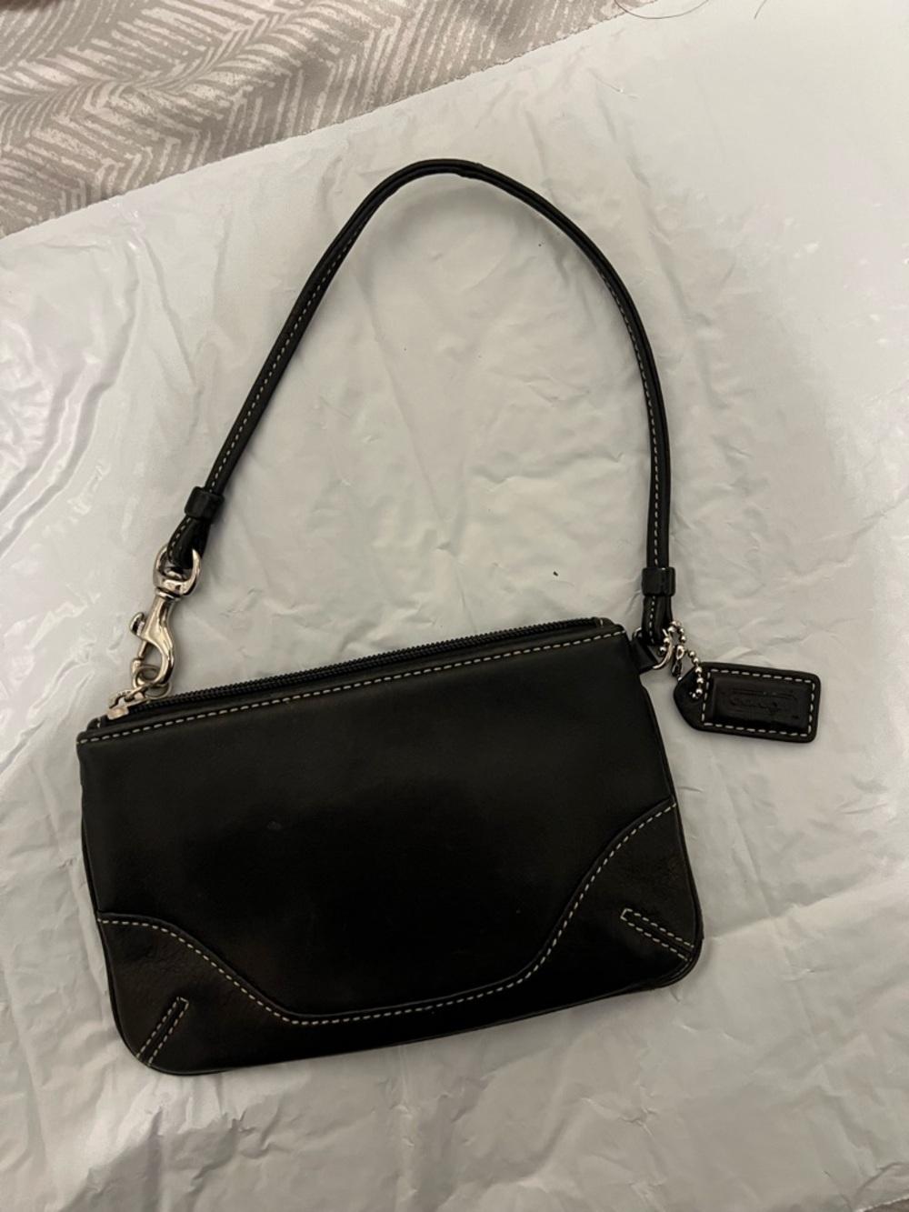 Coach Black Leather Wristlet with White Stitching
